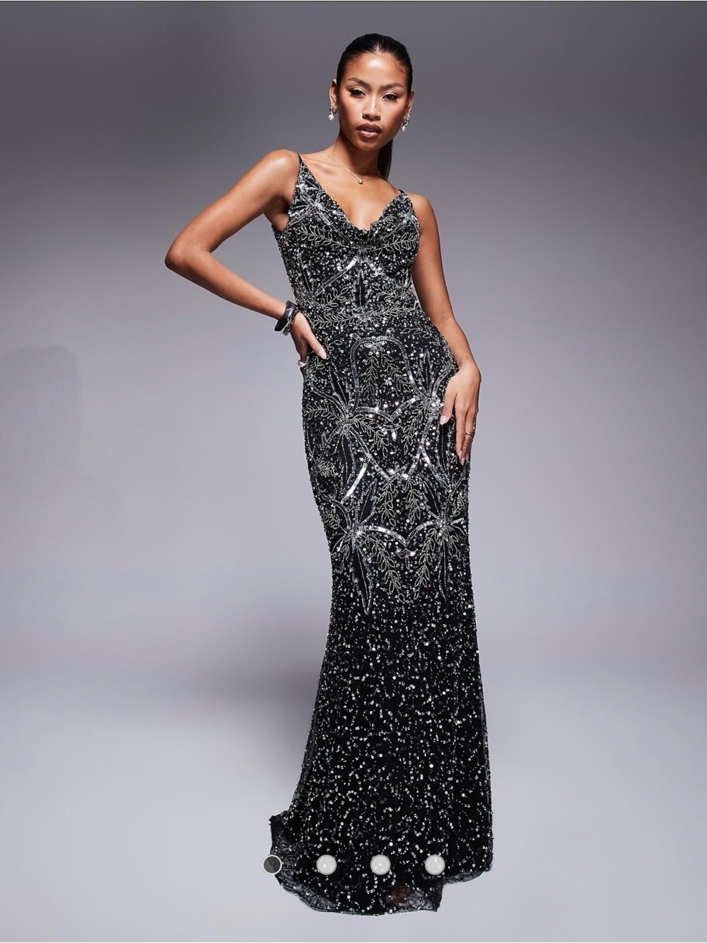 Black Beaded Sequin Prom Gown with V-Neck